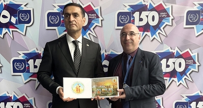 Commemorative stamps issued on the occasion of the 300th anniversary of Magtymguly Fragi are placed in the UPU Museum